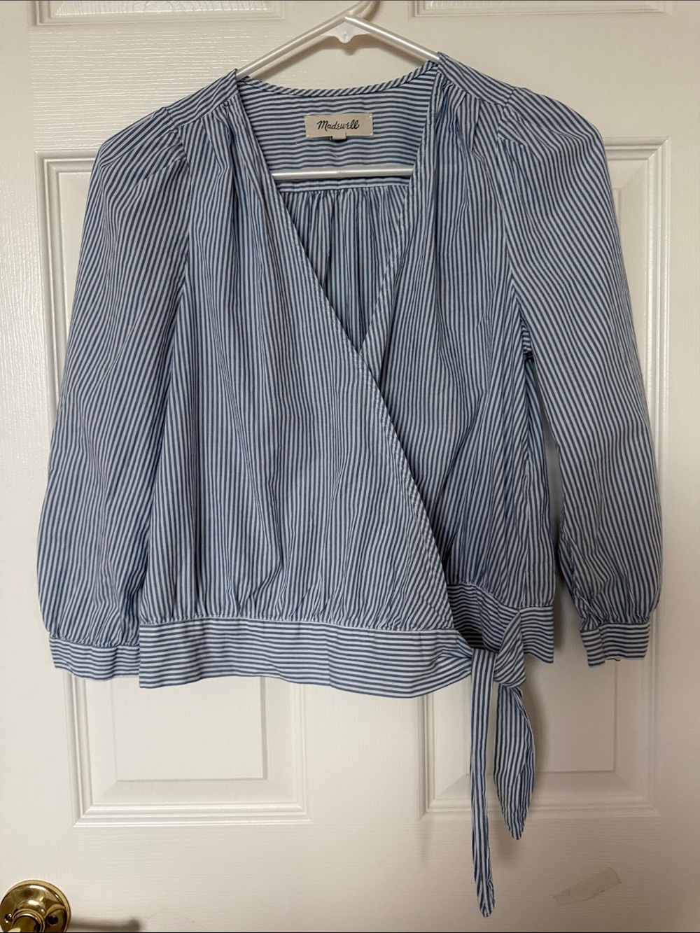 Madewell Blue & White Pinstripe Tie-Waist Wrap Top